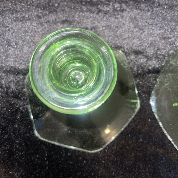 Vintage Green Depression Glass Hexagonal Base Candlestick Holders Set Of 2 - Picture 5 of 16
